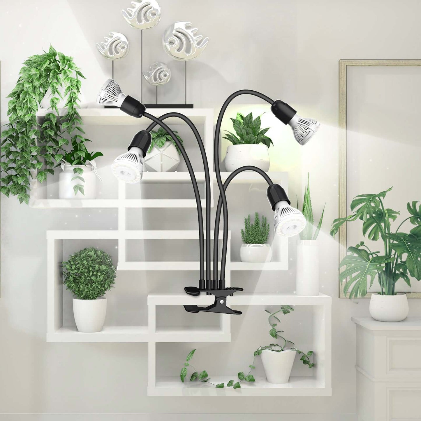 40W 4-Head Dimmable Light, Clip-On LED Grow Lamp with Timer